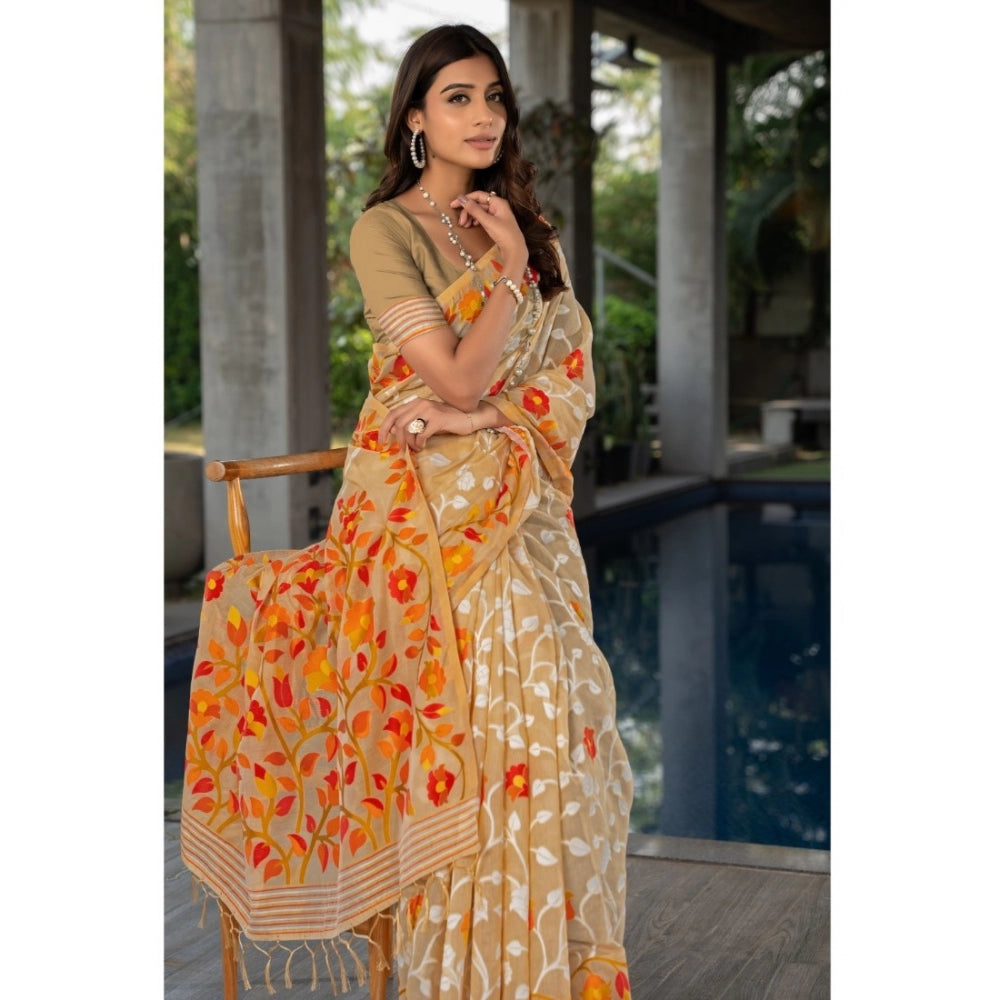 Women's Cotton Printed Saree With Unstitched Blouse (Beige, 5-6 Mtrs)