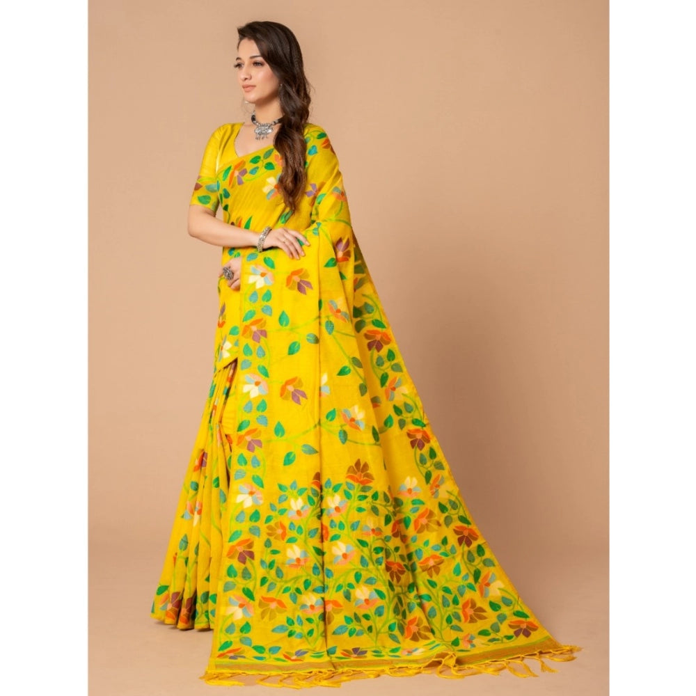 Women's Cotton Printed Saree With Unstitched Blouse (Yellow, 5-6 Mtrs)