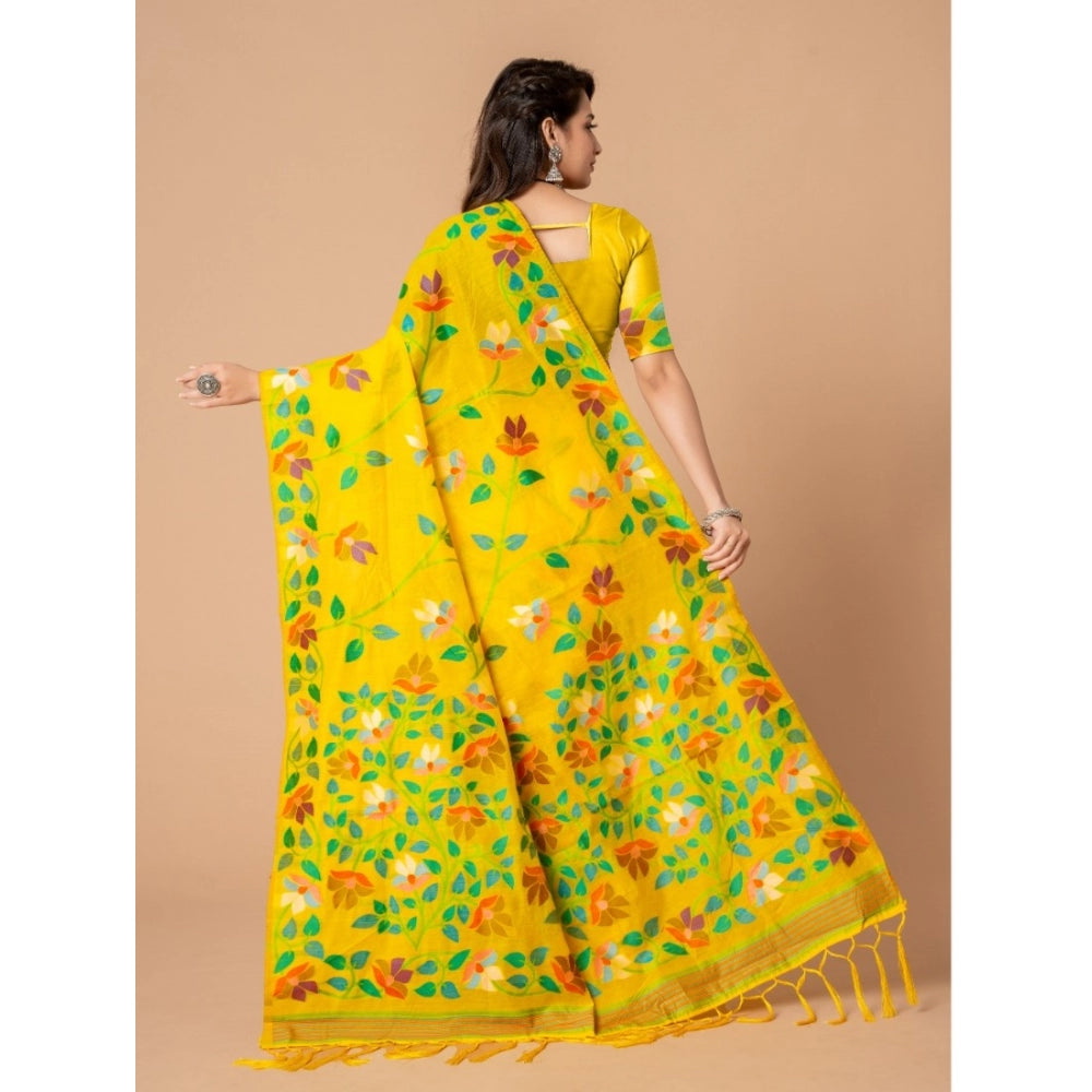 Women's Cotton Printed Saree With Unstitched Blouse (Yellow, 5-6 Mtrs)