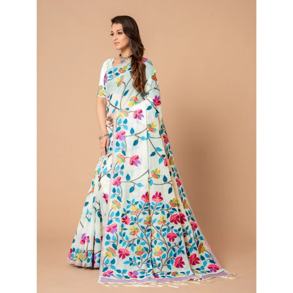 Women's Cotton Printed Saree With Unstitched Blouse (White, 5-6 Mtrs)