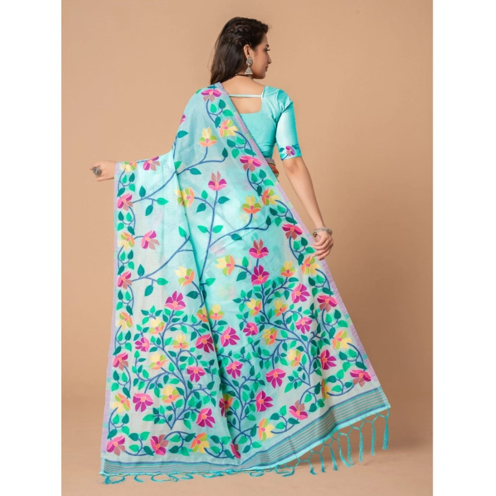 Women's Cotton Printed Saree With Unstitched Blouse (Sky Blue, 5-6 Mtrs)