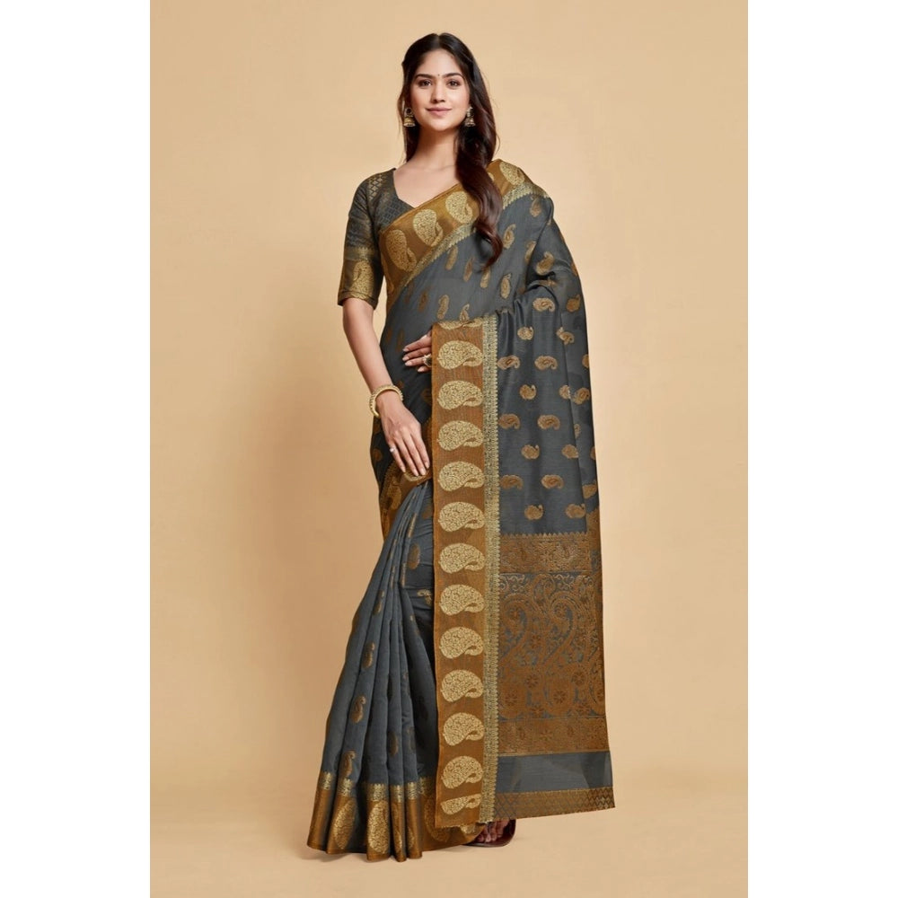 Women's Chanderi Cotton Printed Saree With Unstitched Blouse (Grey, 5-6 Mtrs)