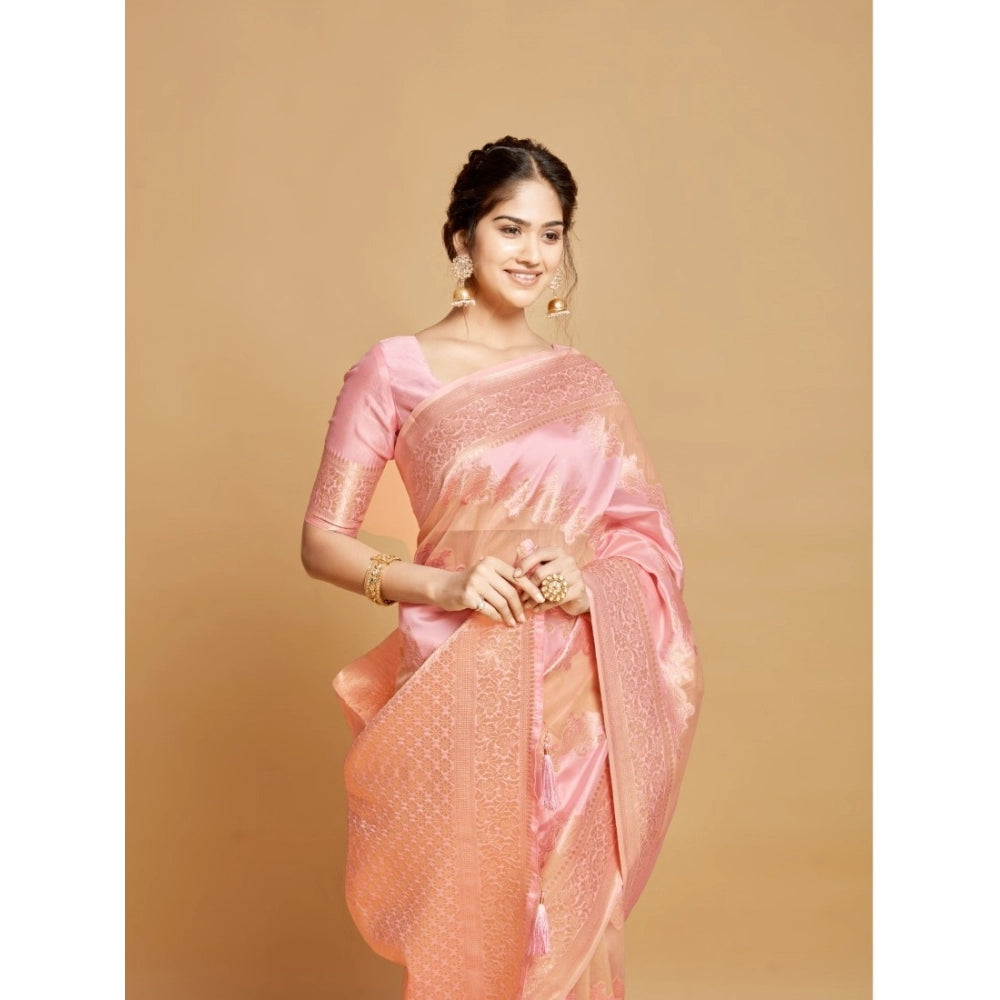 Women's Linen Printed Saree With Unstitched Blouse (Pink, 5-6 Mtrs)