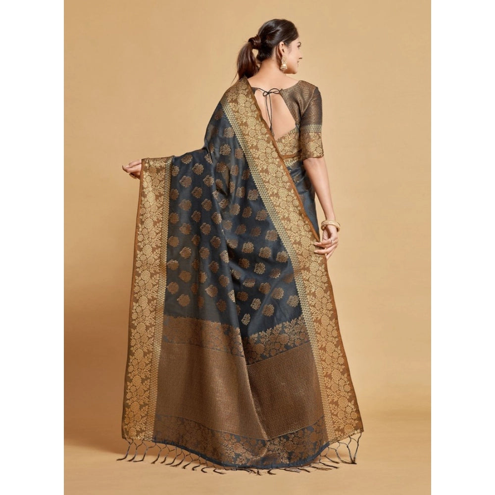 Women's Chanderi Cotton Printed Saree With Unstitched Blouse (Grey, 5-6 Mtrs)