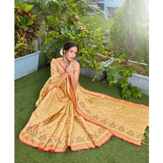 Women's Organza Printed Saree With Unstitched Blouse (Beige, 5-6 Mtrs)