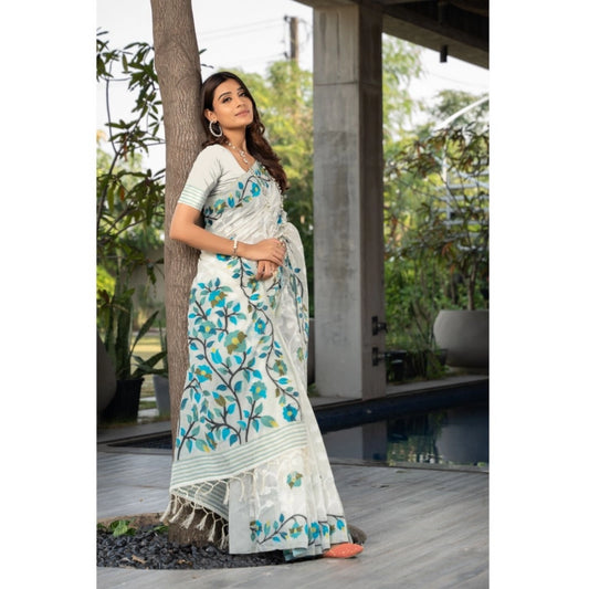 Women's Cotton Printed Saree With Unstitched Blouse (White, 5-6 Mtrs)