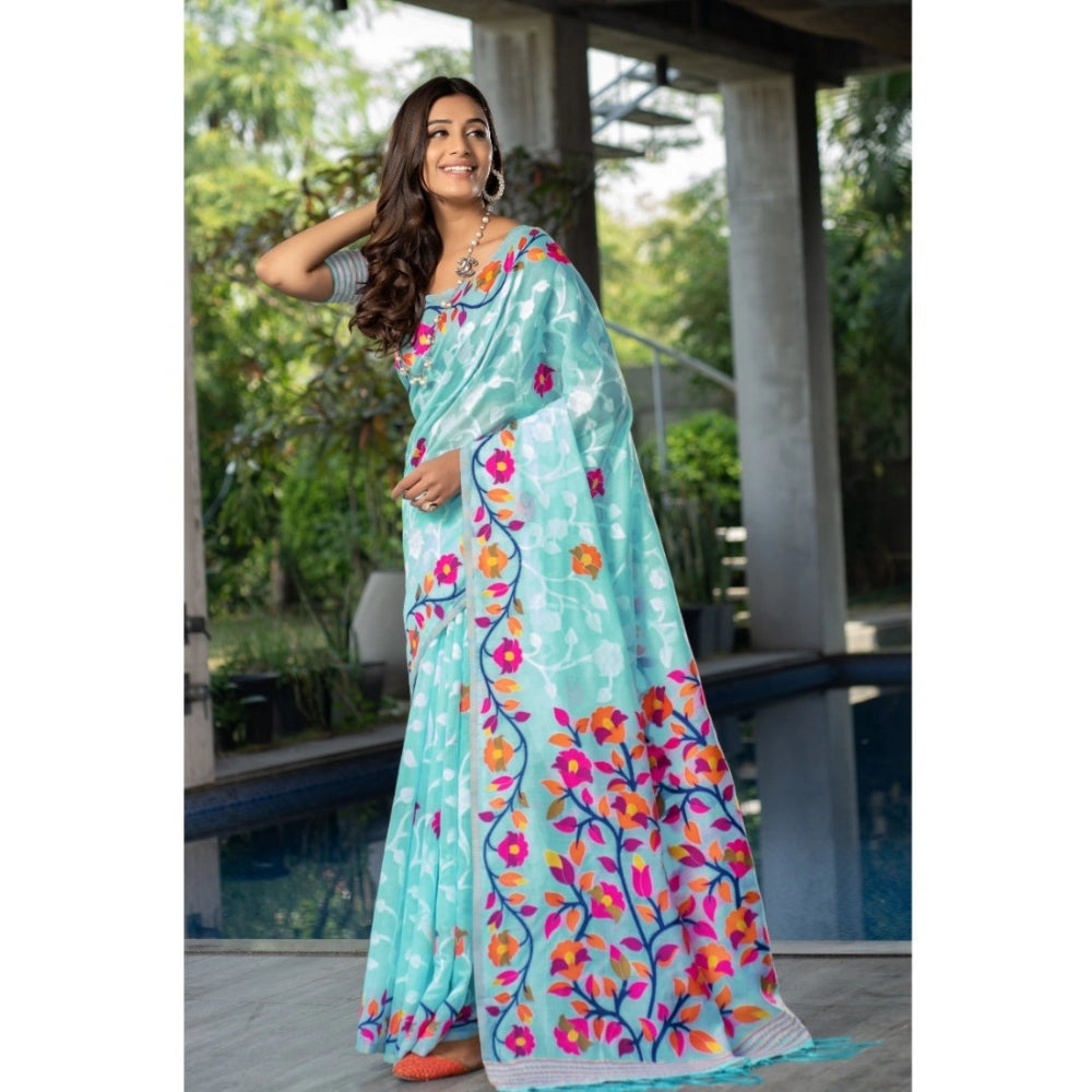 Women's Cotton Printed Saree With Unstitched Blouse (Sky Blue, 5-6 Mtrs)