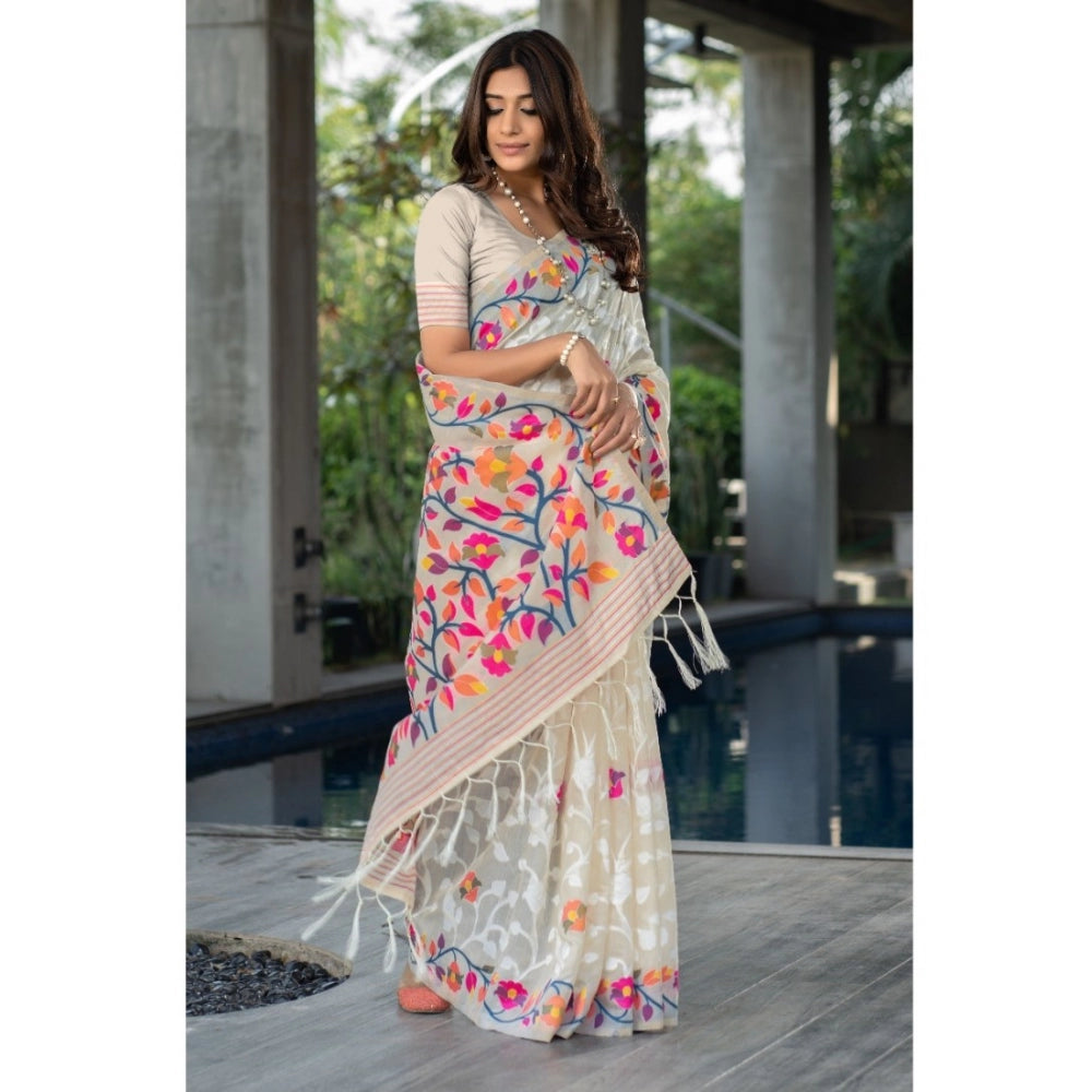 Women's Cotton Printed Saree With Unstitched Blouse (Off-White, 5-6 Mtrs)