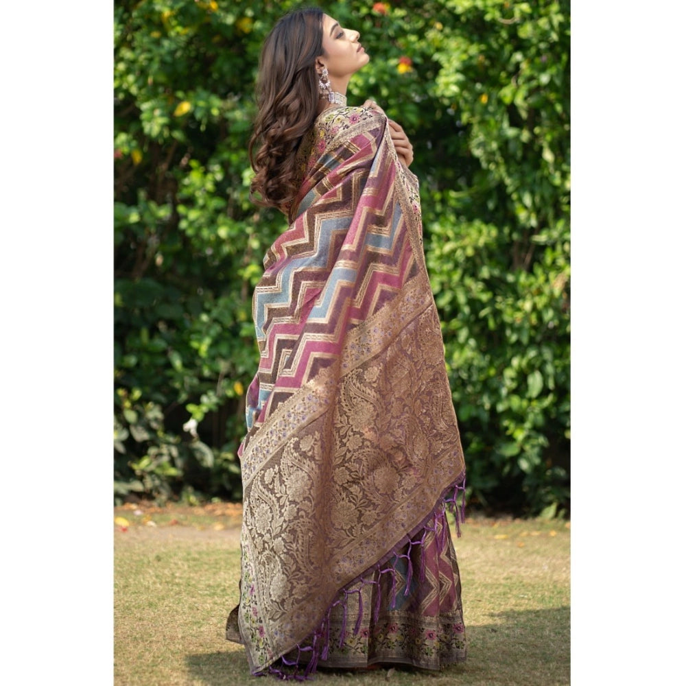 Women's Organza Printed Saree With Unstitched Blouse (Wine, 5-6 Mtrs)