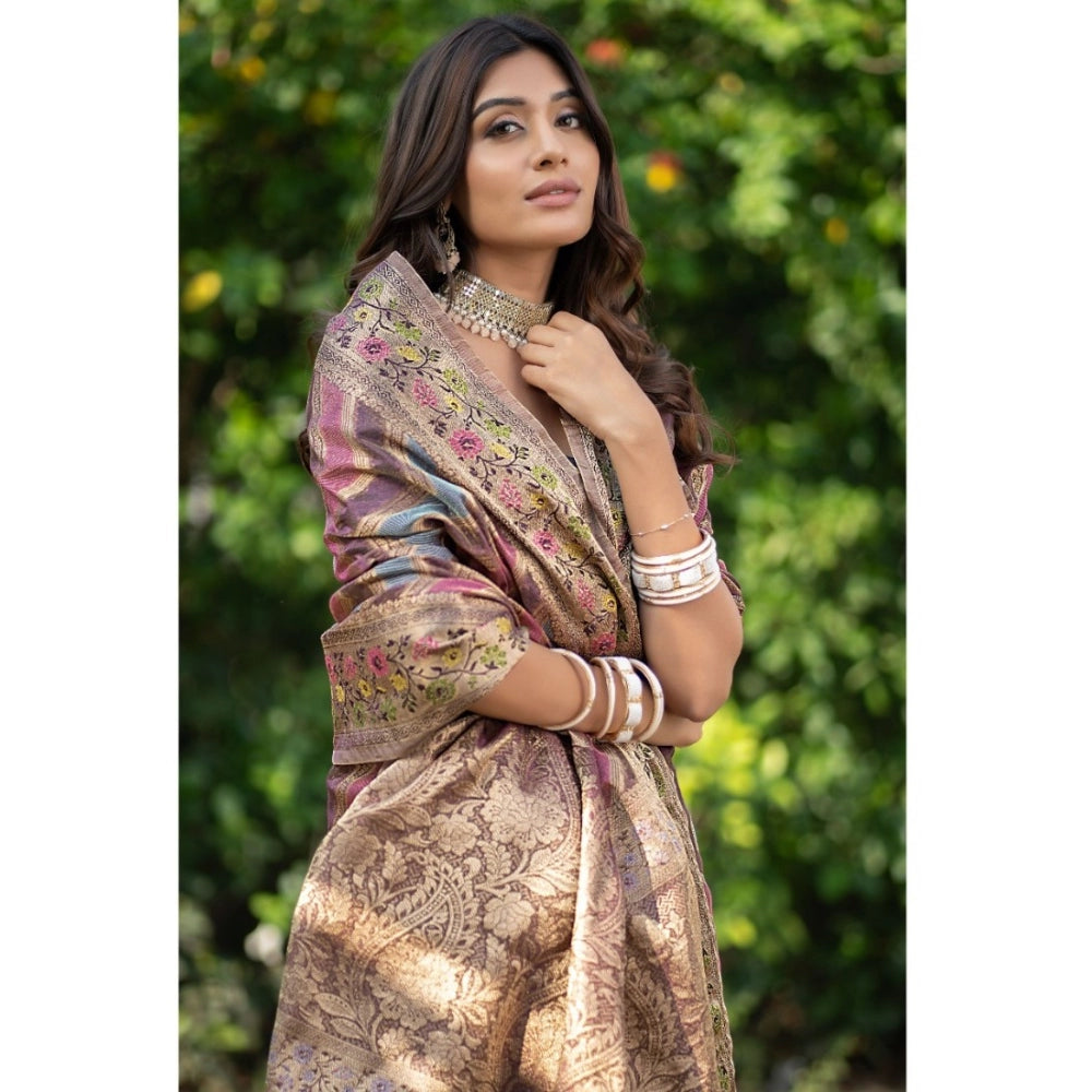 Women's Organza Printed Saree With Unstitched Blouse (Wine, 5-6 Mtrs)