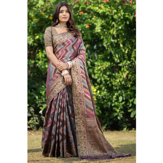 Women's Organza Printed Saree With Unstitched Blouse (Wine, 5-6 Mtrs)