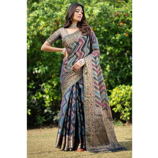 Women's Organza Printed Saree With Unstitched Blouse (Teal, 5-6 Mtrs)