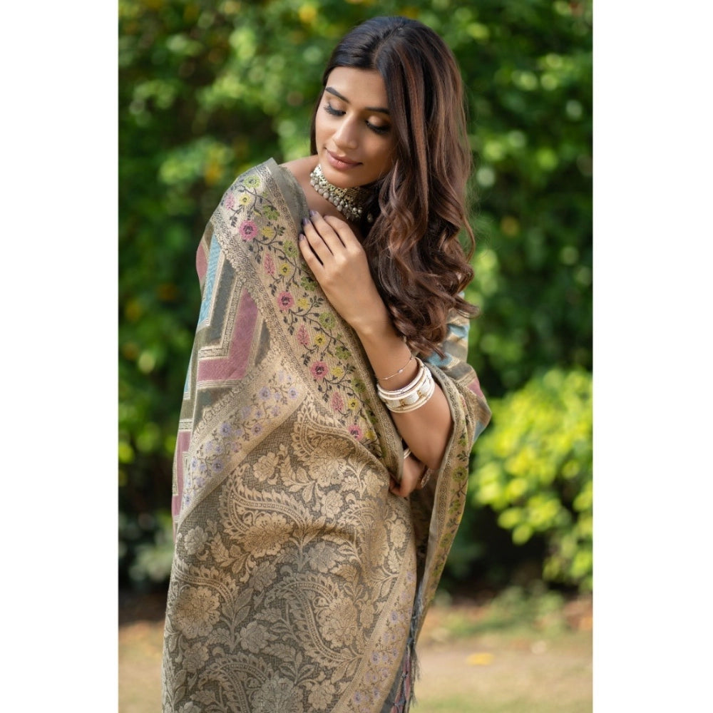 Women's Organza Printed Saree With Unstitched Blouse (Grey, 5-6 Mtrs)
