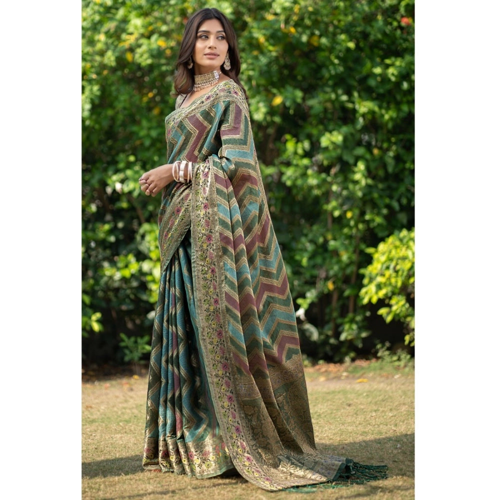 Women's Organza Printed Saree With Unstitched Blouse (Green, 5-6 Mtrs)
