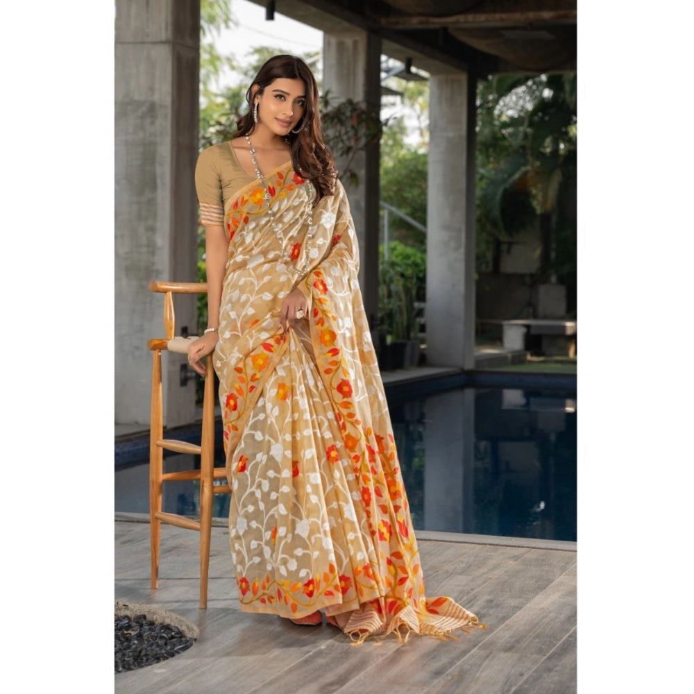 Women's Cotton Printed Saree With Unstitched Blouse (Beige, 5-6 Mtrs)