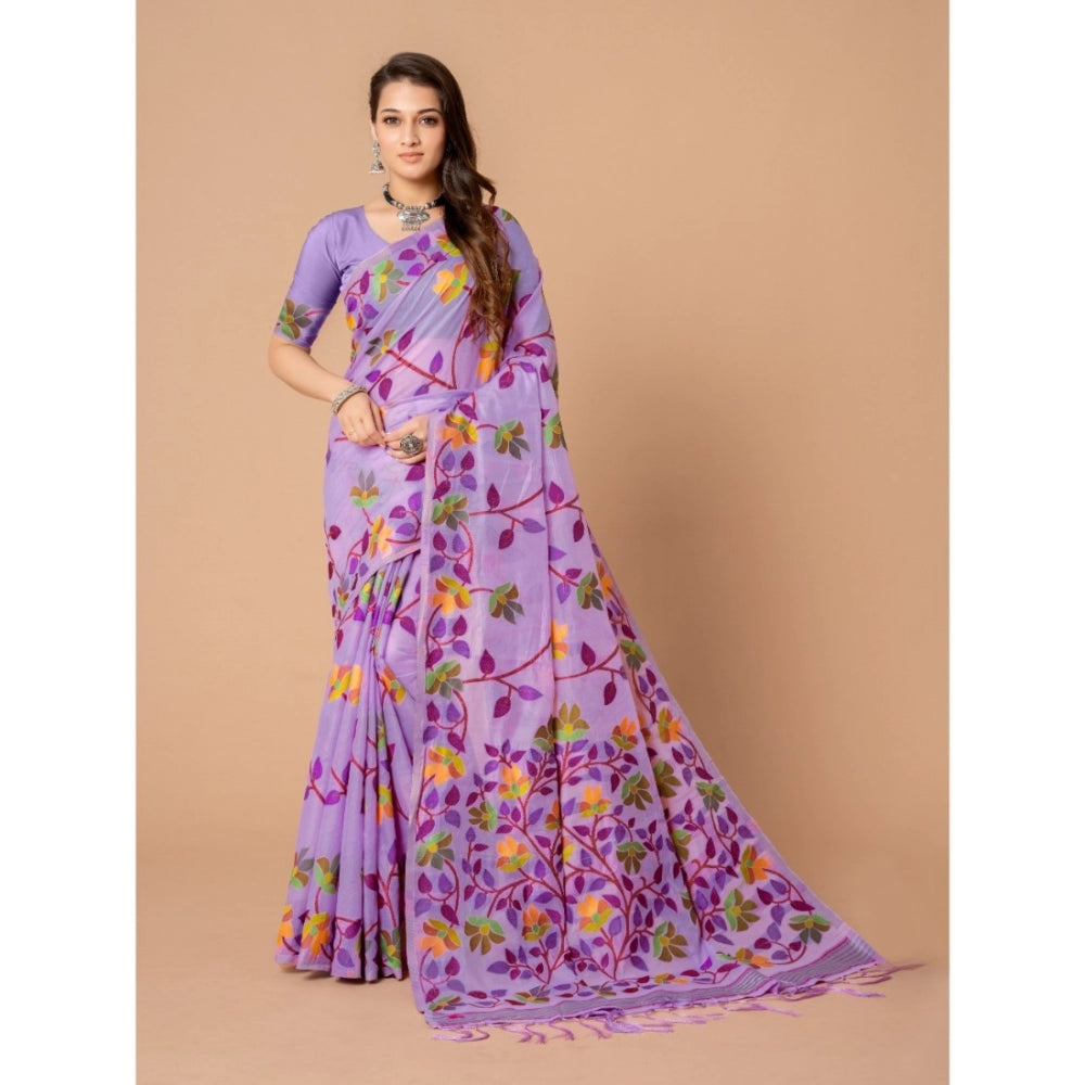 Women's Cotton Printed Saree With Unstitched Blouse (Lavender, 5-6 Mtrs)