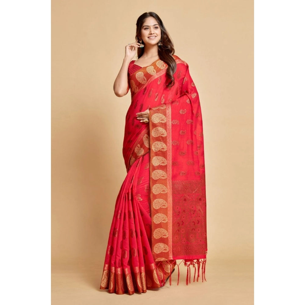 Women's Chanderi Cotton Printed Saree With Unstitched Blouse (Pink, 5-6 Mtrs)