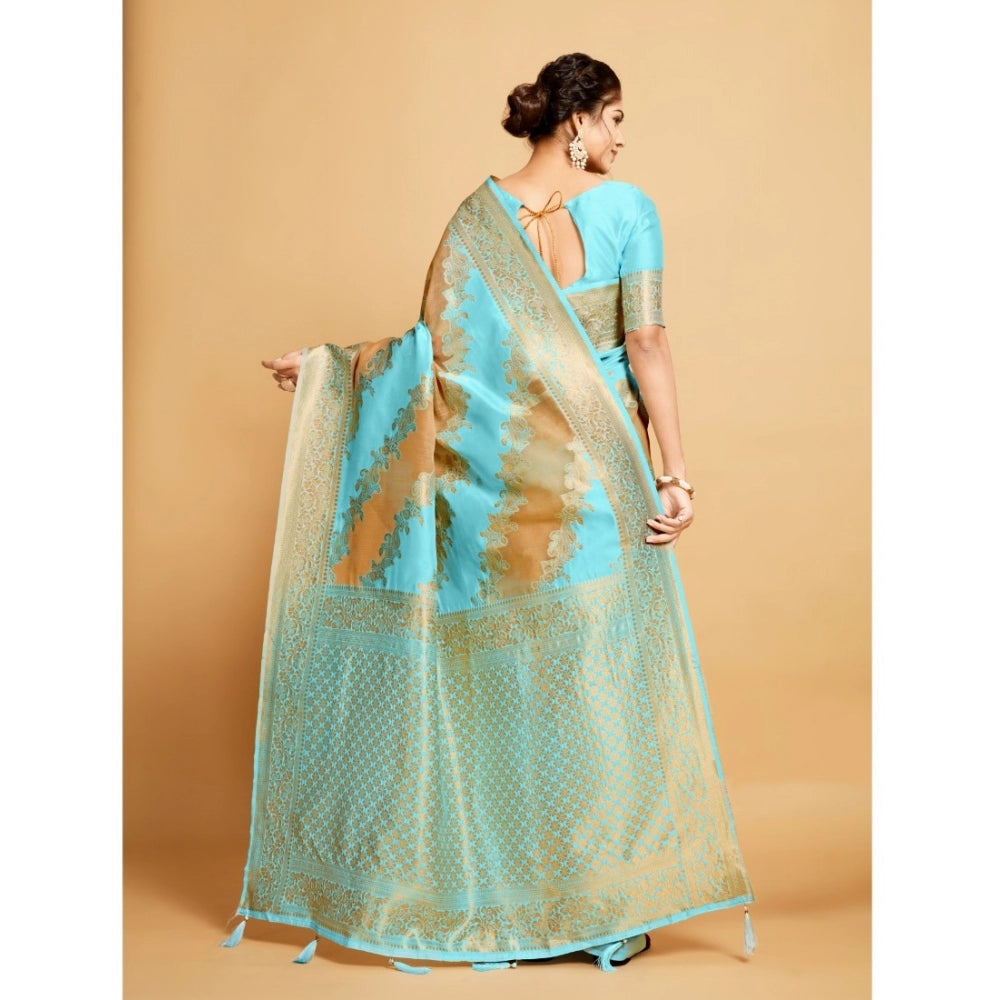Women's Linen Printed Saree With Unstitched Blouse (Sky Blue, 5-6 Mtrs)
