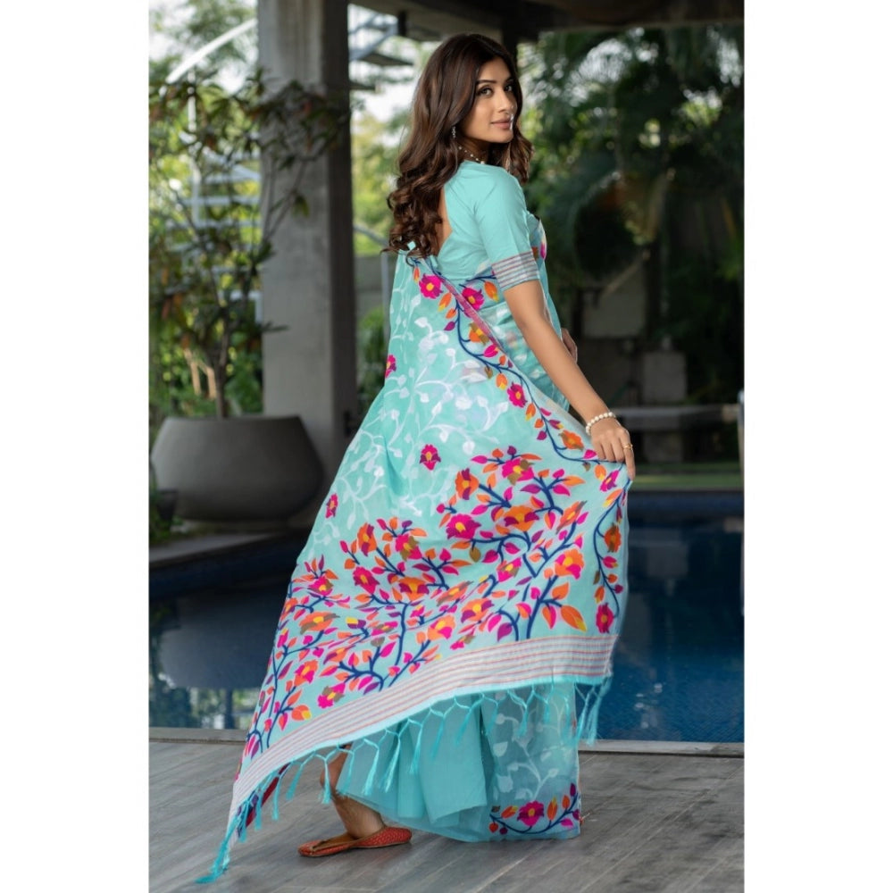 Women's Cotton Printed Saree With Unstitched Blouse (Sky Blue, 5-6 Mtrs)