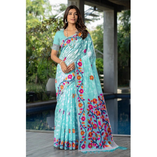 Women's Cotton Printed Saree With Unstitched Blouse (Sky Blue, 5-6 Mtrs)