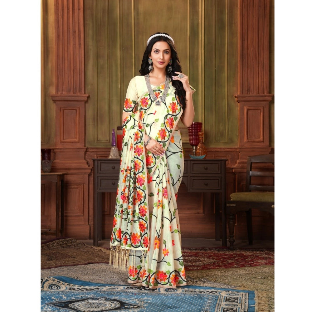 Women's Organza Printed Saree With Unstitched Blouse (White, 5-6 Mtrs)