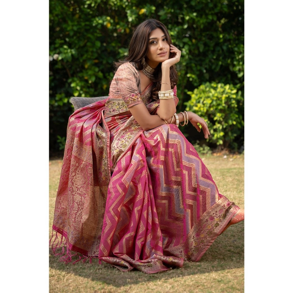 Women's Organza Printed Saree With Unstitched Blouse (Pink, 5-6 Mtrs)