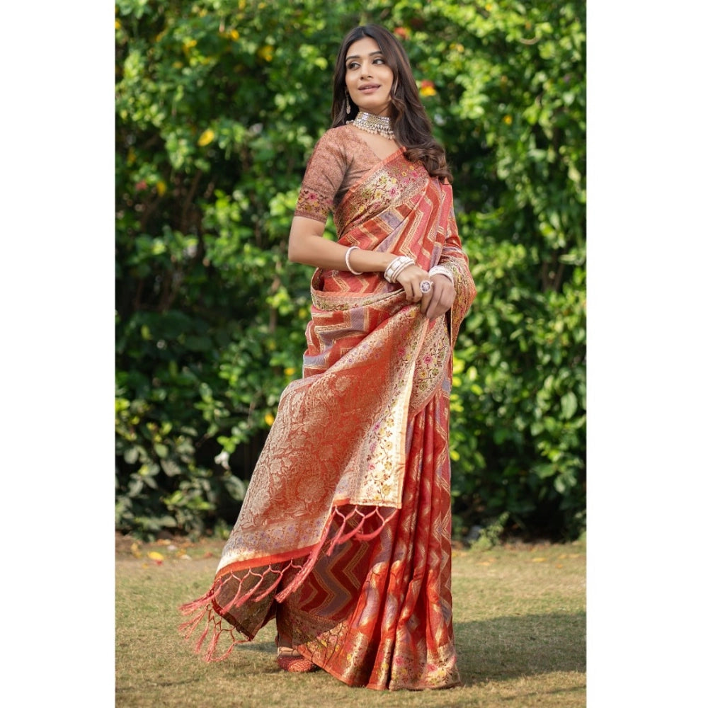 Women's Organza Printed Saree With Unstitched Blouse (Orange, 5-6 Mtrs)