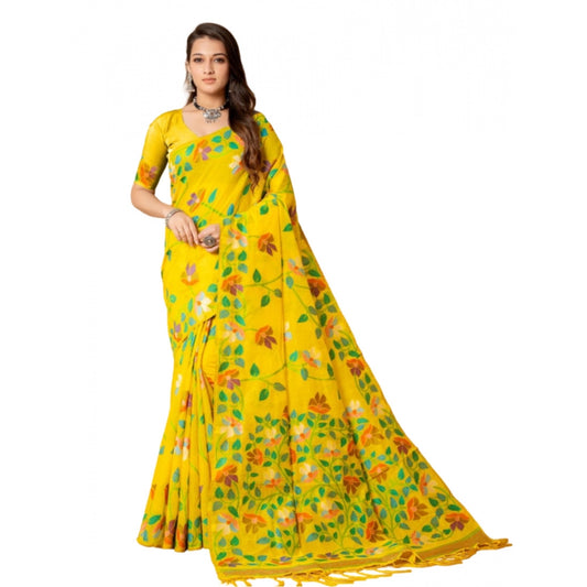 Women's Cotton Printed Saree With Unstitched Blouse (Yellow, 5-6 Mtrs)