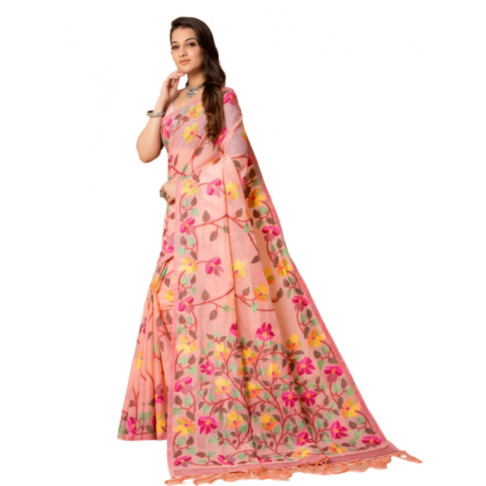 Women's Cotton Printed Saree With Unstitched Blouse (Pink, 5-6 Mtrs)