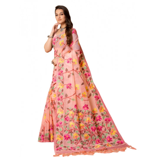 Women's Cotton Printed Saree With Unstitched Blouse (Pink, 5-6 Mtrs)