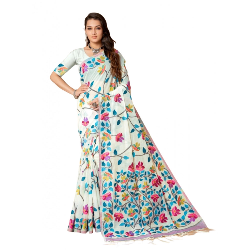 Women's Cotton Printed Saree With Unstitched Blouse (White, 5-6 Mtrs)