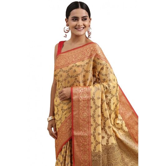Women's Chanderi Cotton Printed Saree With Unstitched Blouse (Yellow, 5-6 Mtrs)