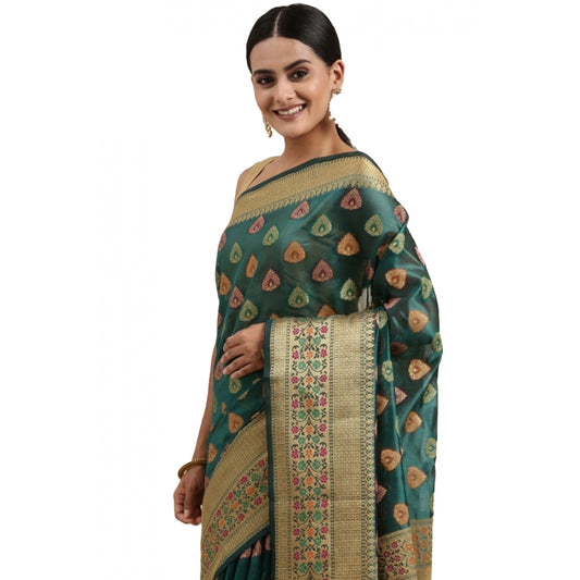 Women's Organza Printed Saree With Unstitched Blouse (Sea Green, 5-6 Mtrs)