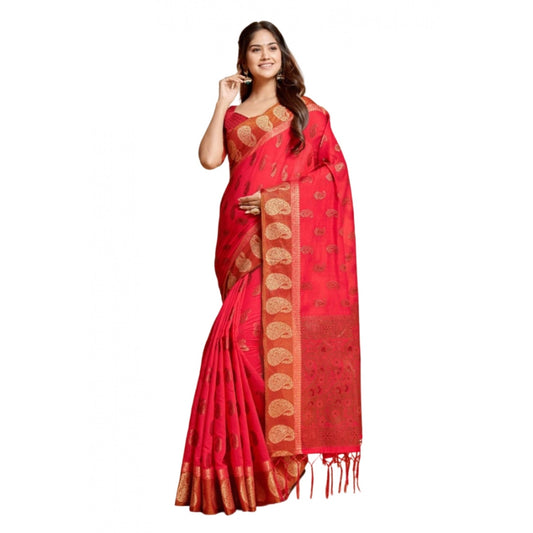 Women's Chanderi Cotton Printed Saree With Unstitched Blouse (Pink, 5-6 Mtrs)