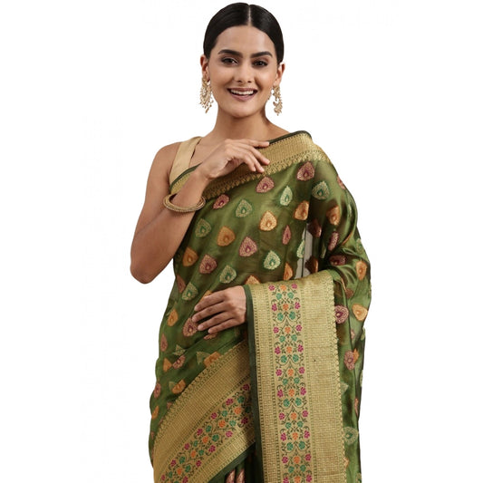 Women's Organza Printed Saree With Unstitched Blouse (Mahendi, 5-6 Mtrs)