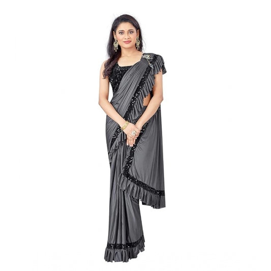 Grey lycra saree for women — pallu detail