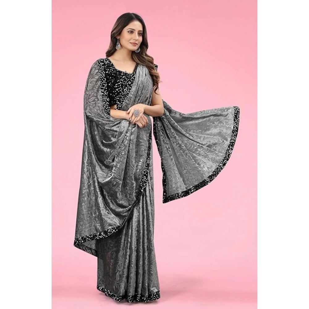 Grey lycra saree for women — pallu detail