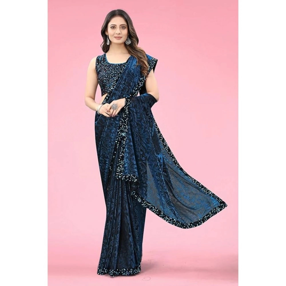 Blue lycra saree for women — pallu detail