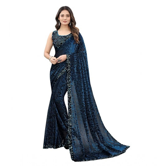 Blue lycra saree for women — pallu detail