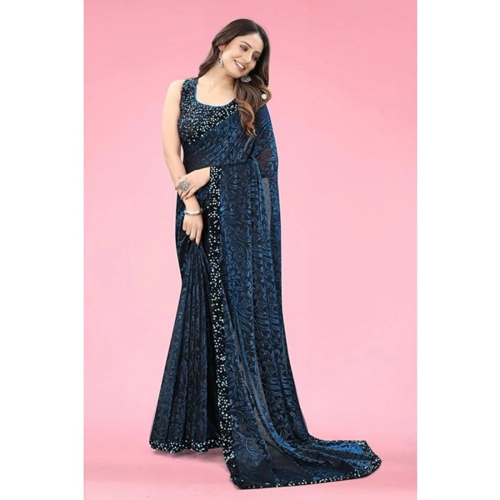 Blue lycra saree for women — pallu detail