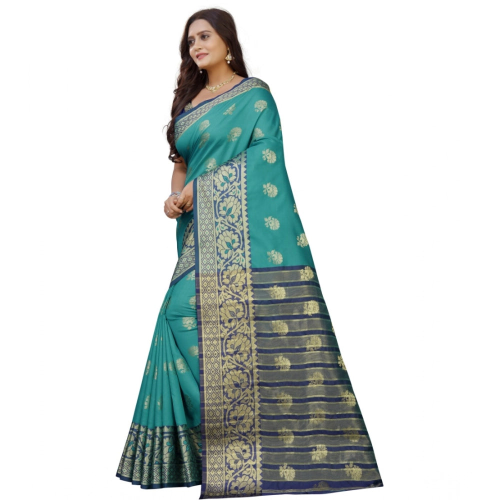 Dark Blue-Green silk blend saree for women — pallu detail