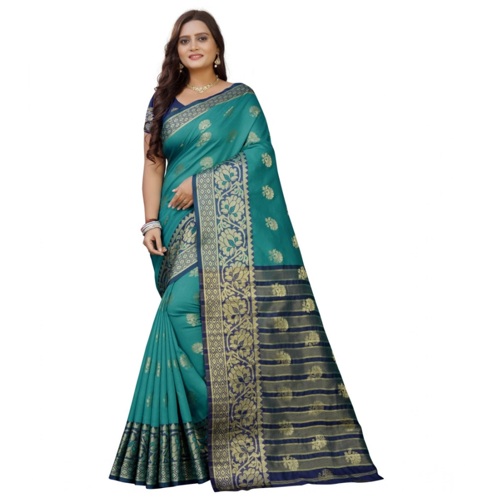 Dark Blue-Green silk blend saree for women — pallu detail