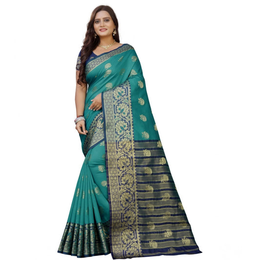 Dark Blue-Green silk blend saree for women — pallu detail