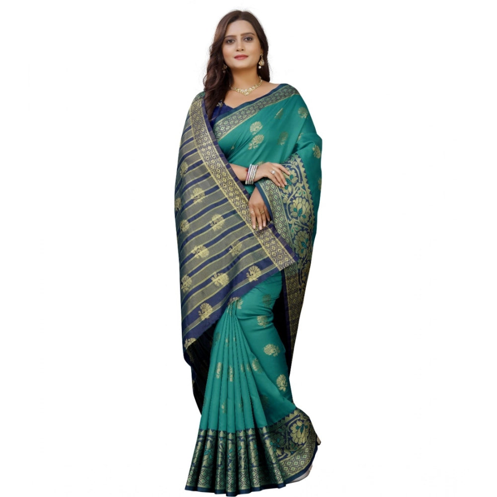 Dark Blue-Green silk blend saree for women — pallu detail