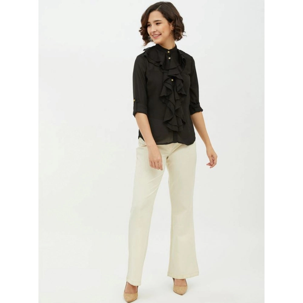 Black polyester shirt for women — side angle