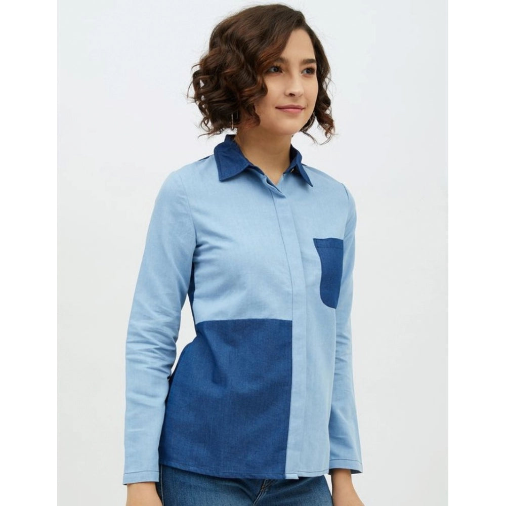 Blue denim shirt for women — styled view