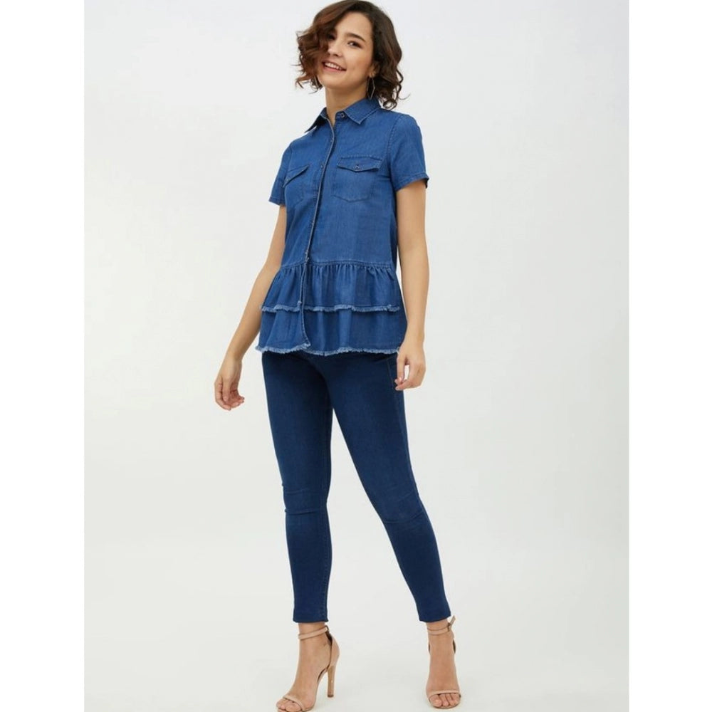 Blue denim peplum top for women — side angle