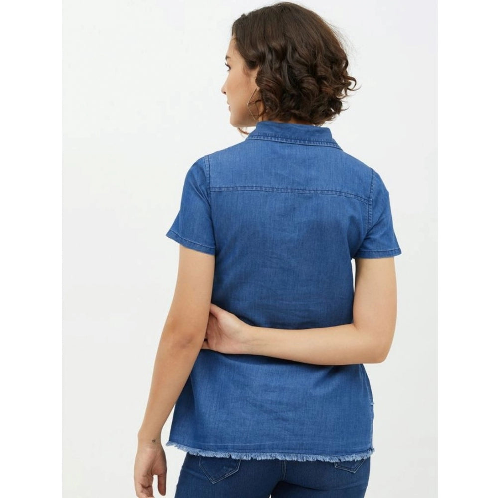 Blue denim peplum top for women — detail view