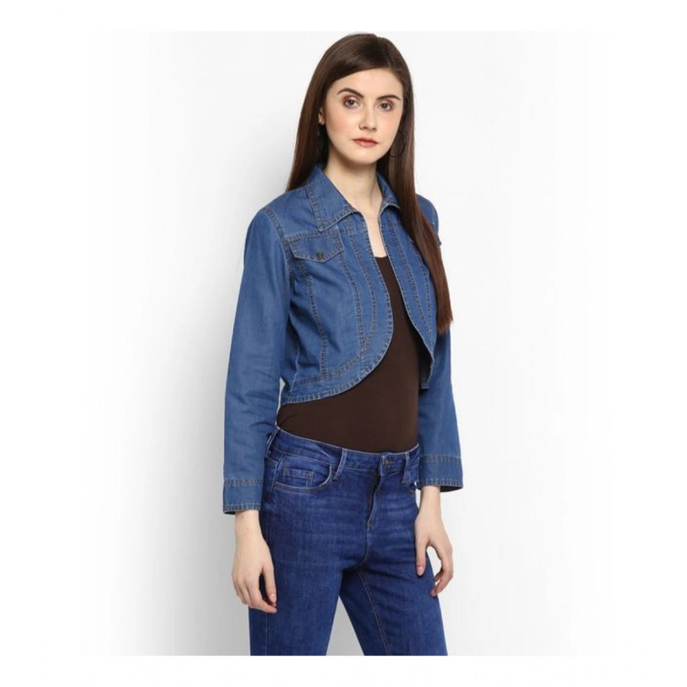 Blue denim shrug for women — styled view