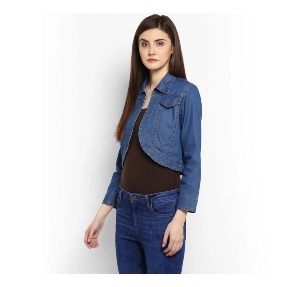 Blue denim shrug for women — close-up